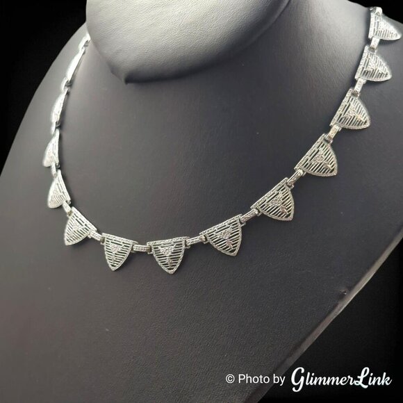 Art Deco P.S. Co. Rhodium Plated Filigree Necklace – 1930s Floral Links 19" - Picture 3 of 14